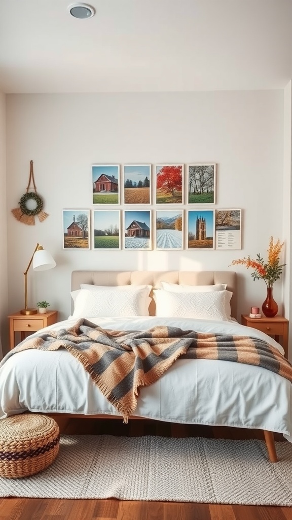 A cozy bedroom with a seasonal decor photo wall featuring framed landscape images above the bed.