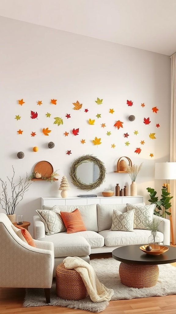 A cozy living room with an accent wall decorated with colorful autumn leaves, featuring a light-colored sofa and natural decor elements.
