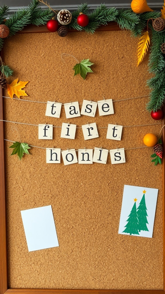 A cork board decorated with seasonal elements including ornaments, leaves, and letters.