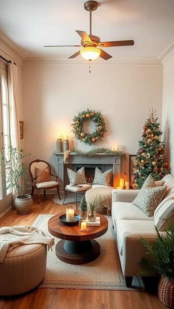 Cozy living room decorated for winter with a Christmas tree, wreath, and candles.