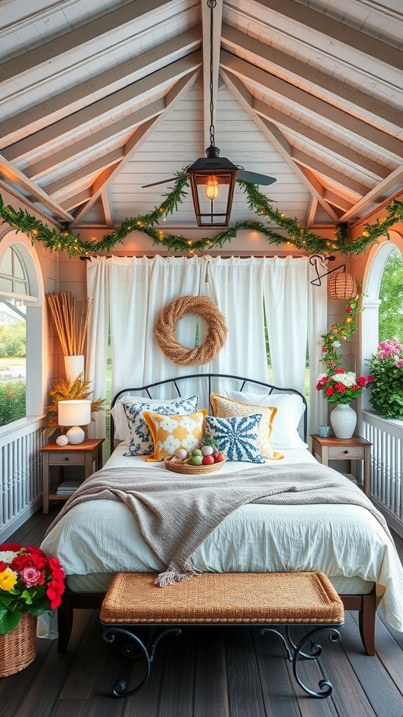 Cozy gazebo interior with a bed, colorful pillows, greenery, and warm lighting.