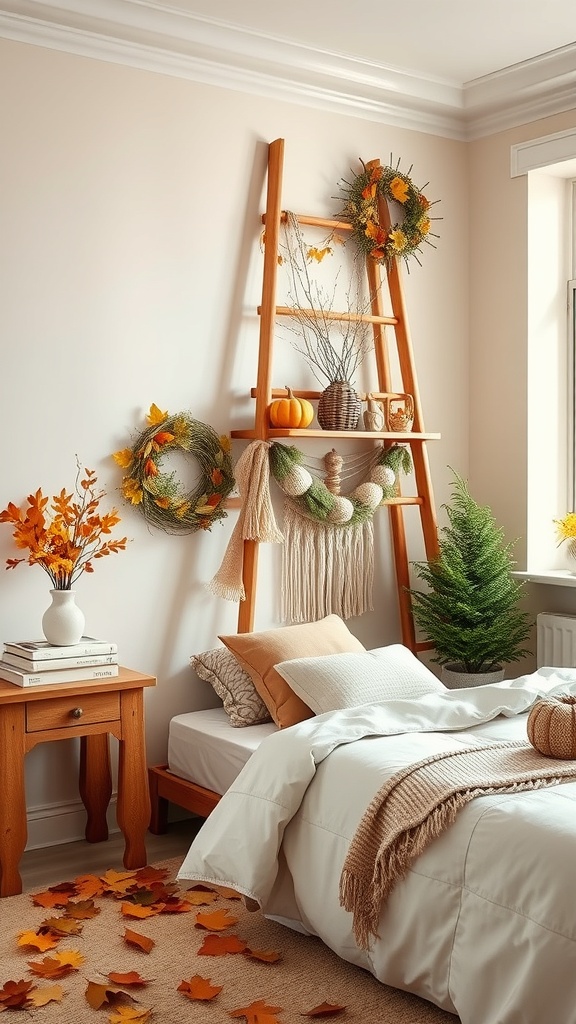 A wooden ladder decorated for autumn with wreaths, pumpkins, and leaves.