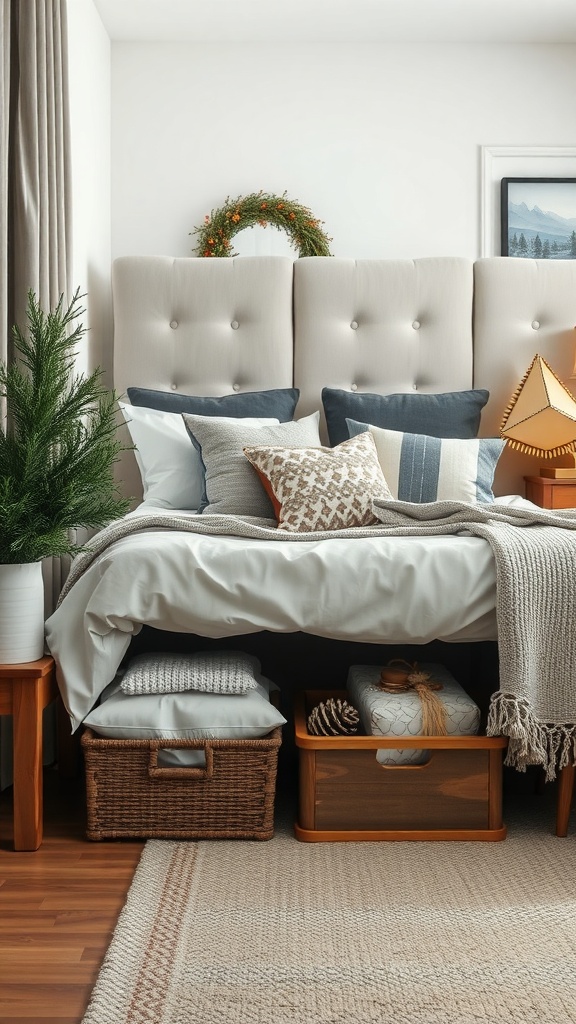 A cozy bedroom with under-bed storage solutions, featuring a woven basket and a wooden crate for seasonal decor.