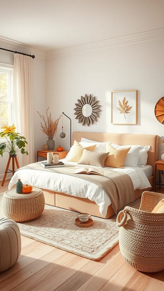 A cozy bedroom decorated for autumn with pumpkins, warm colors, and natural elements.
