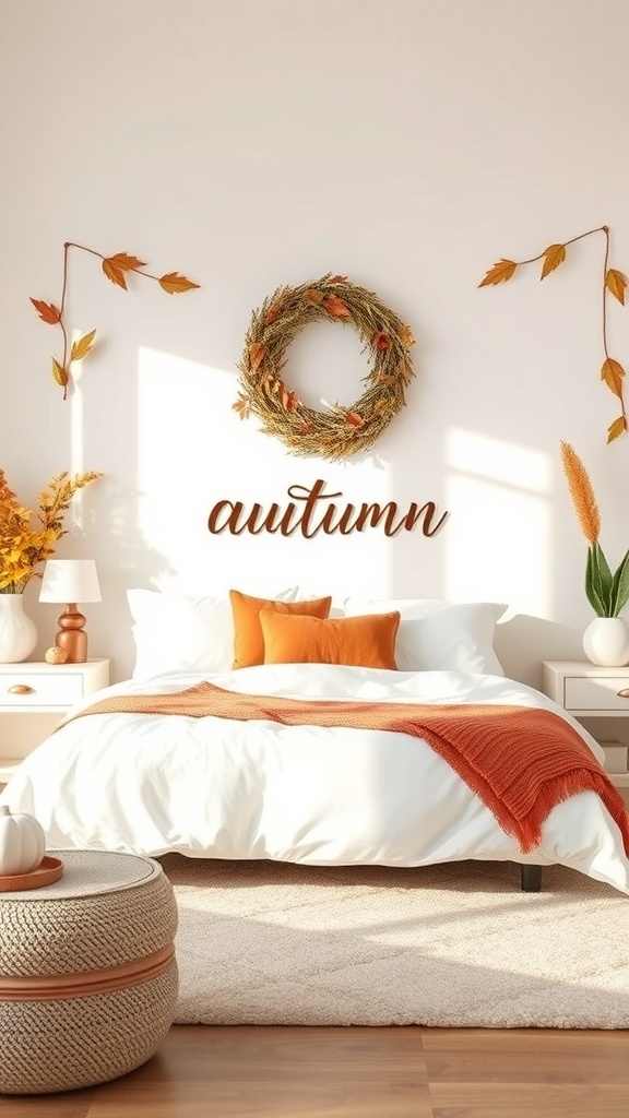 A cozy bedroom with autumn decor, featuring a wreath and warm colors.