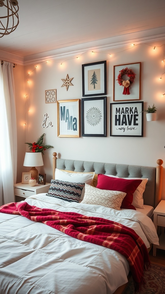 A cozy bedroom with seasonal wall decor, including framed art and string lights.