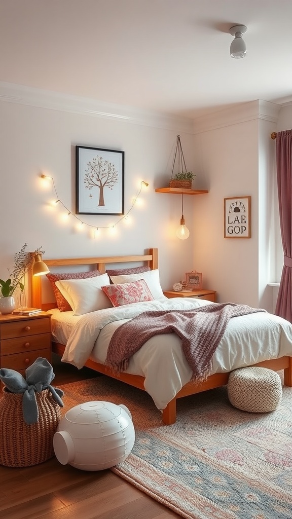 A tween girl's bedroom decorated with warm lighting, cozy bedding, and seasonal accents.