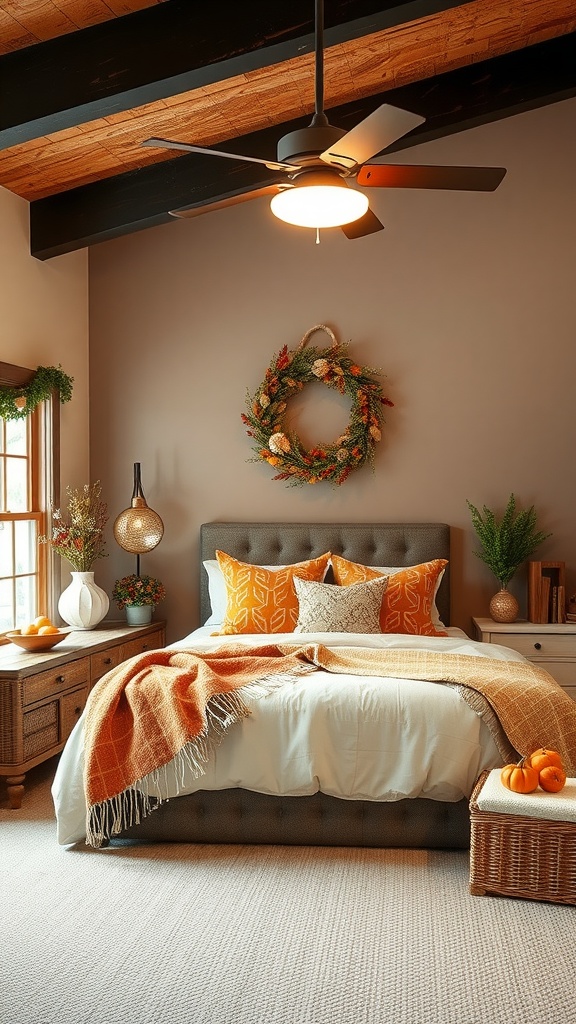 A cozy basement bedroom decorated for autumn with warm colors, a wreath, and natural elements.
