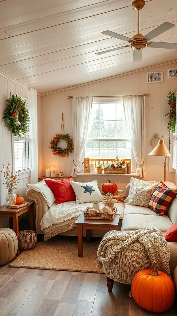 Cozy mobile home living room decorated for autumn with pumpkins, wreaths, and soft textiles.