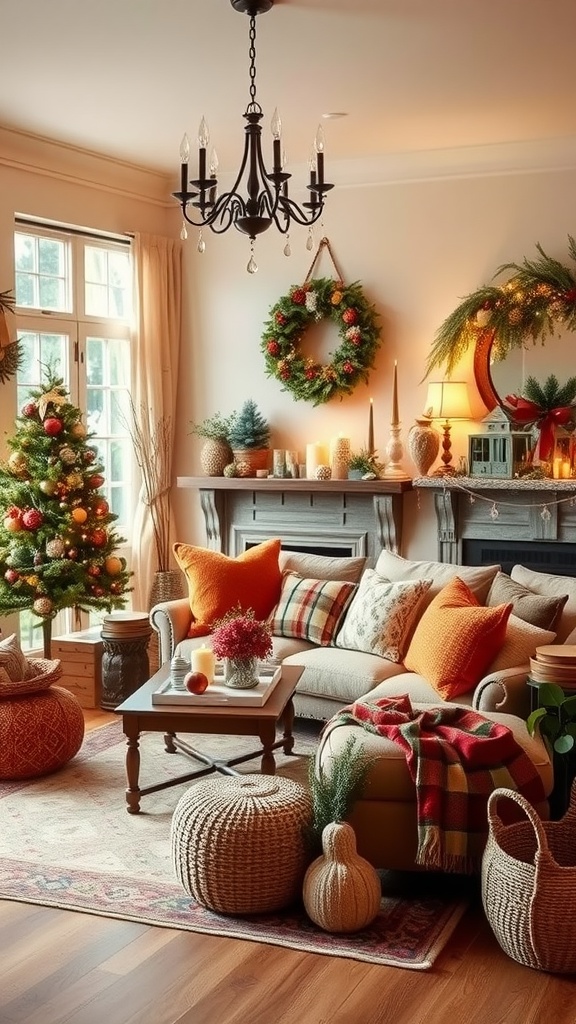 Cozy family room decorated for the holiday season with a Christmas tree, wreaths, and festive cushions.