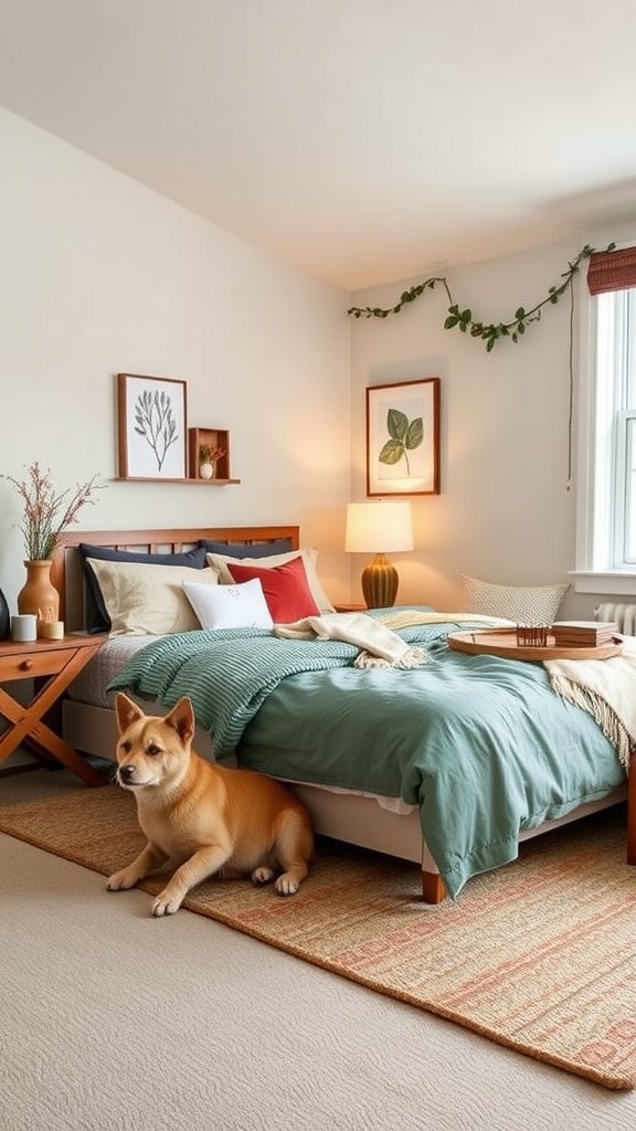 A cozy shared bedroom featuring a bed with a green blanket, decorative pillows, and a dog sitting on a rug.