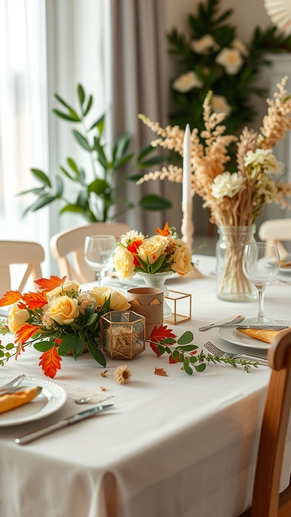 A beautifully decorated baby shower table with floral arrangements, autumn leaves, and elegant candle holders.