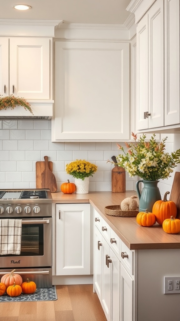 A farmhouse style kitchen with seasonal autumn decor featuring small pumpkins and yellow flowers.