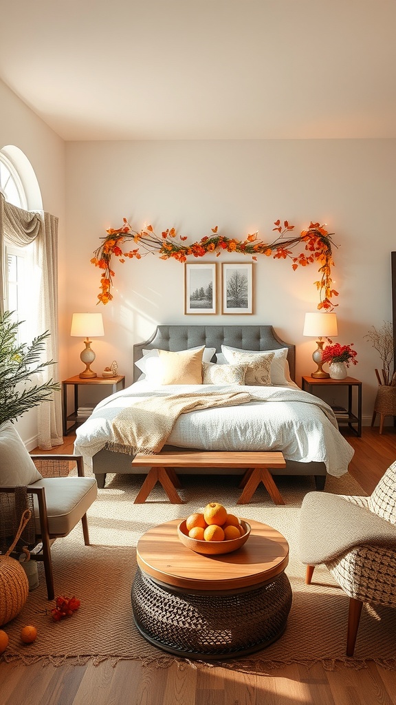 Cozy living room decorated for autumn with warm tones and seasonal decor