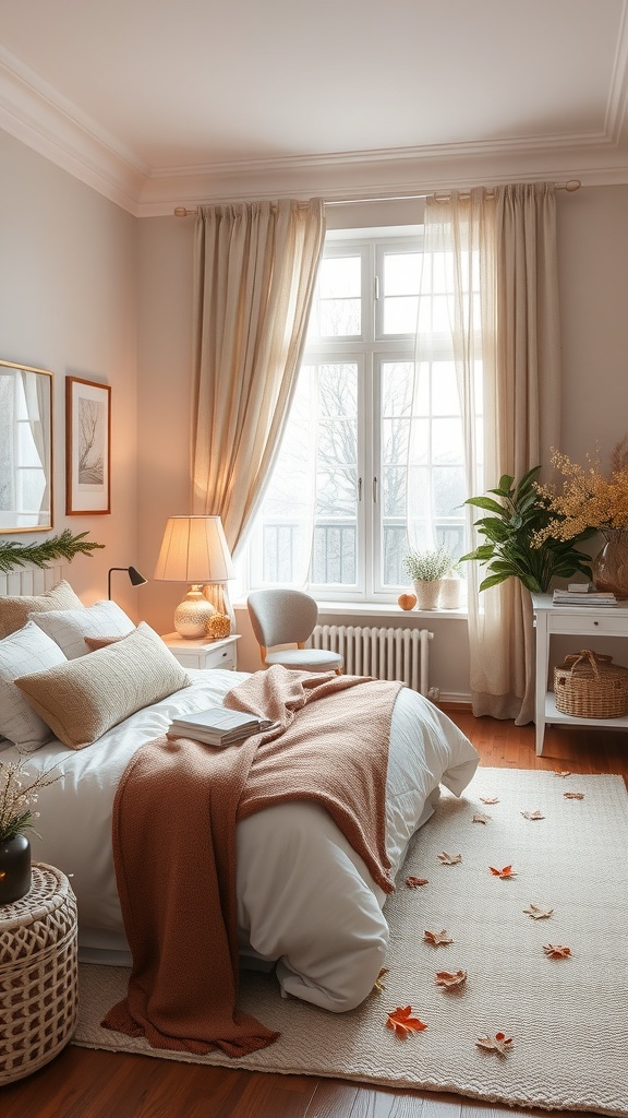 A cozy bedroom with autumn decor, featuring warm tones, a soft blanket, and scattered leaves.