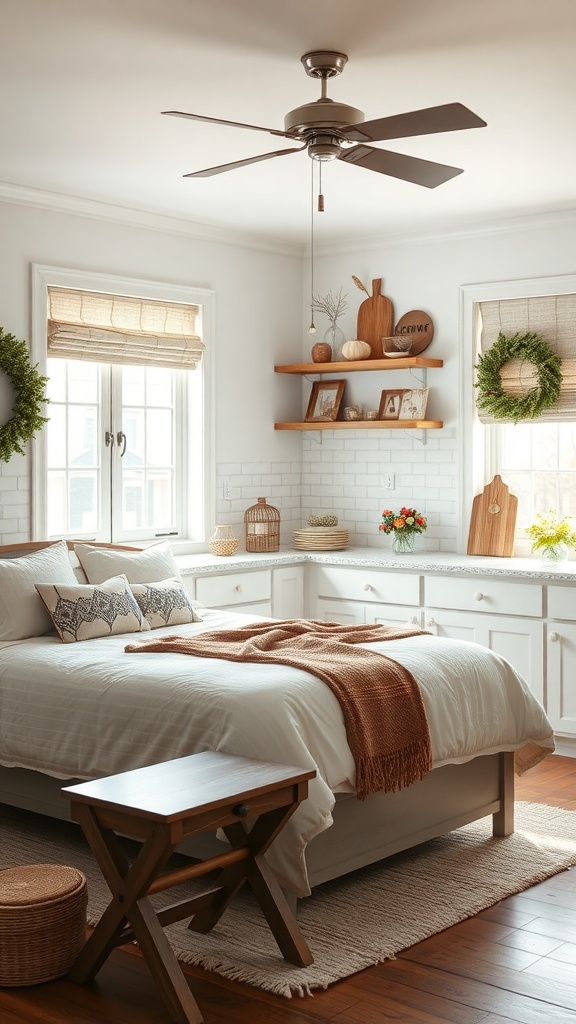 A cozy kitchen with seasonal decor, featuring wooden shelves, pumpkins, and a knitted throw.