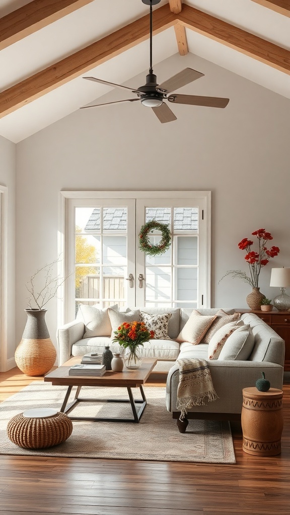 Cozy farmhouse living room with natural light, a wreath on the window, and seasonal decor elements.