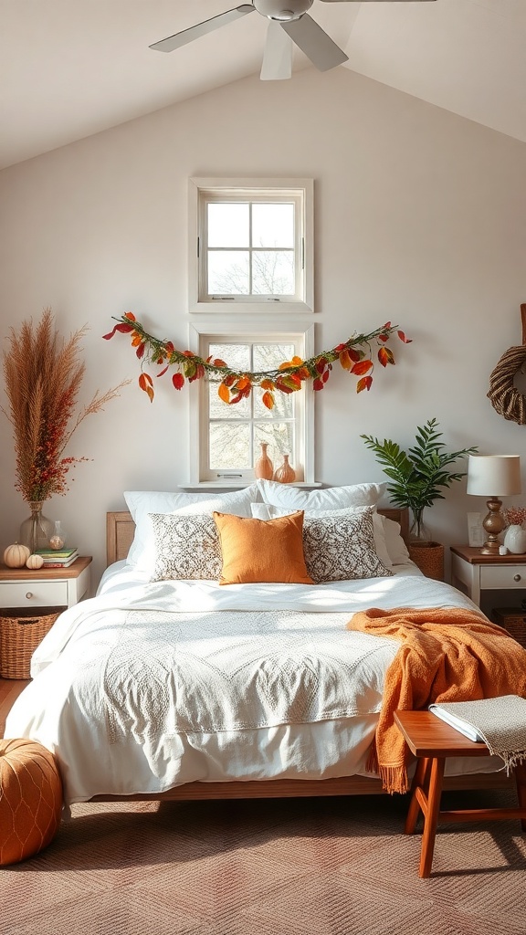 A cozy farmhouse bedroom with autumn decor, featuring a bed with neutral linens, orange accents, and a garland of leaves above the window.