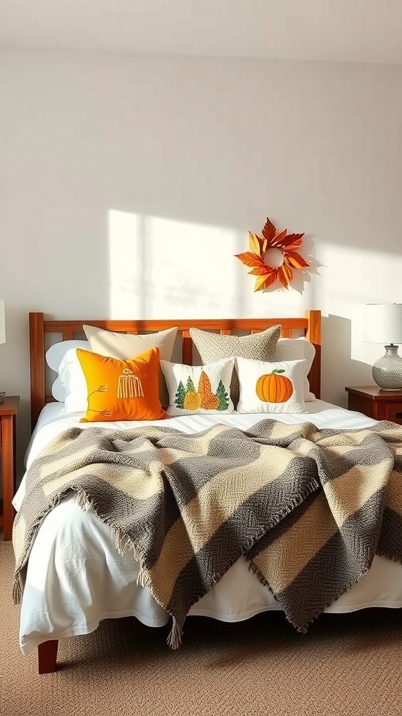 Cozy guest bedroom with fall-themed decor, featuring a striped blanket and decorative pillows