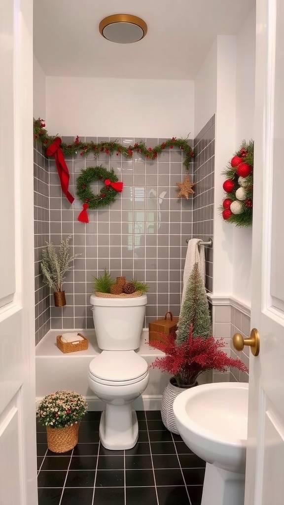 A festive bathroom with black tile floor decorated for the holiday season