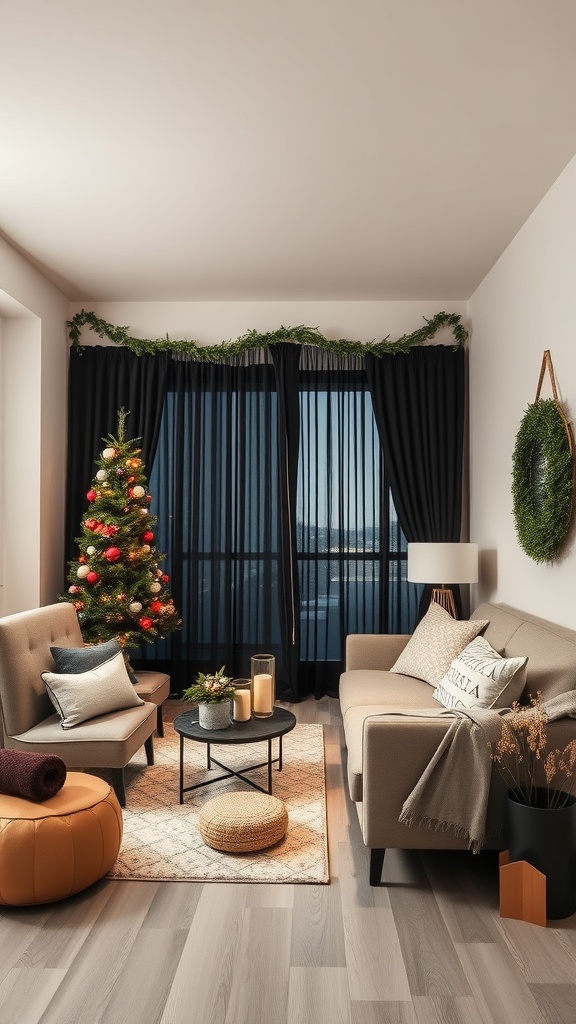 A cozy living room decorated for the holidays, featuring black curtains, a Christmas tree, and festive decorations.