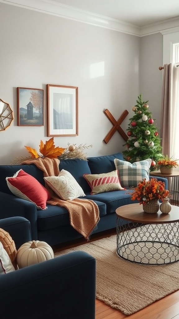 Cozy living room with a navy blue sofa, seasonal decor, and a small Christmas tree