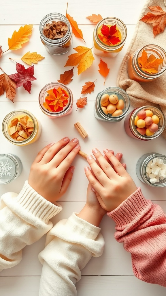 Hands crafting seasonal decoration jars with autumn leaves and natural elements.