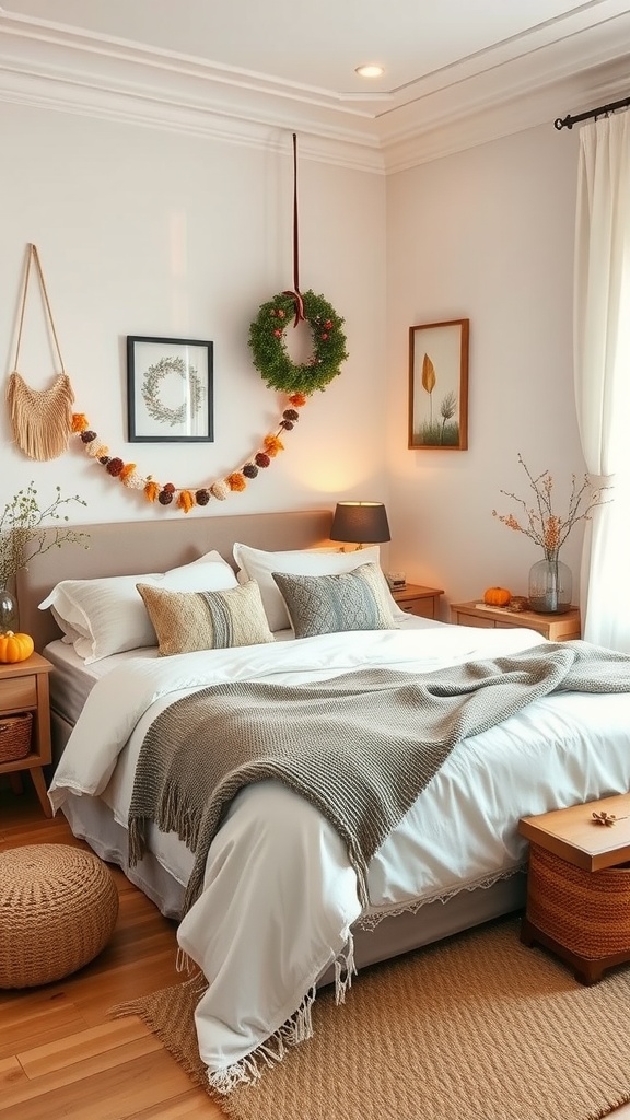A cozy corner bed decorated for the autumn season with pumpkins, a wreath, and a garland.