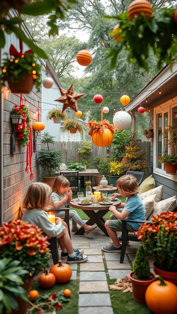 Children sitting at a table in a decorated backyard with pumpkins and lanterns.