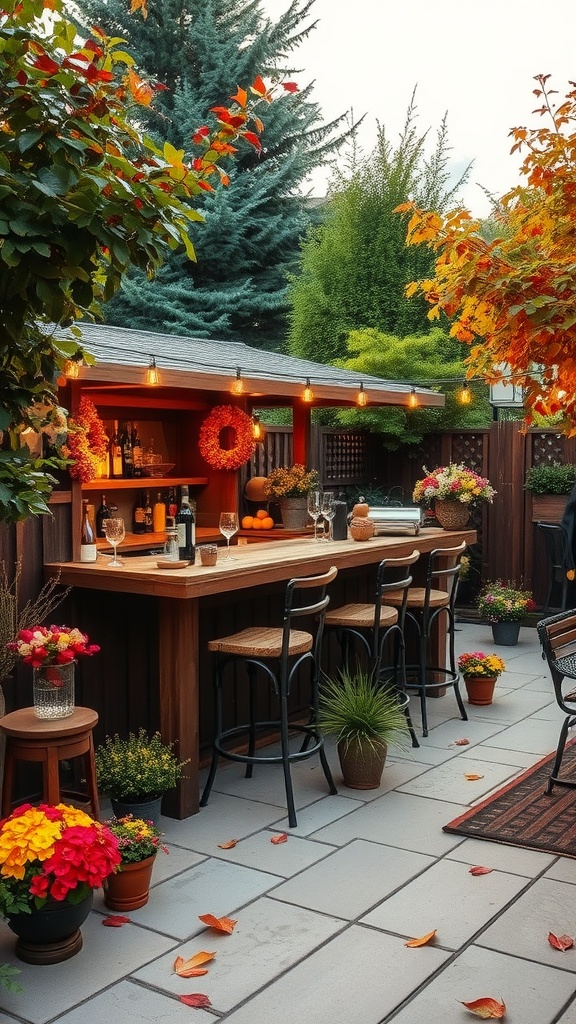 A cozy backyard bar surrounded by autumn foliage with warm lights and seasonal decorations.