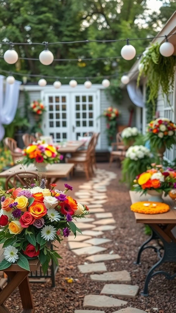 A beautifully decorated backyard for a baby shower with colorful floral arrangements and string lights.
