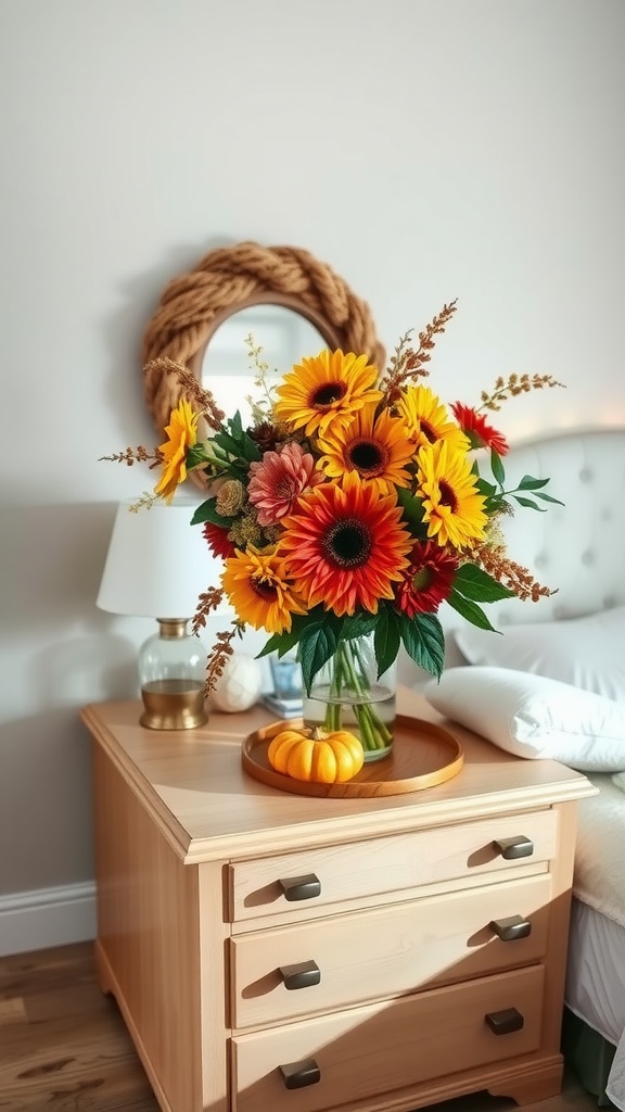 A beautiful bouquet of sunflowers and autumn flowers on a nightstand with a small pumpkin and a rope wreath in the background.