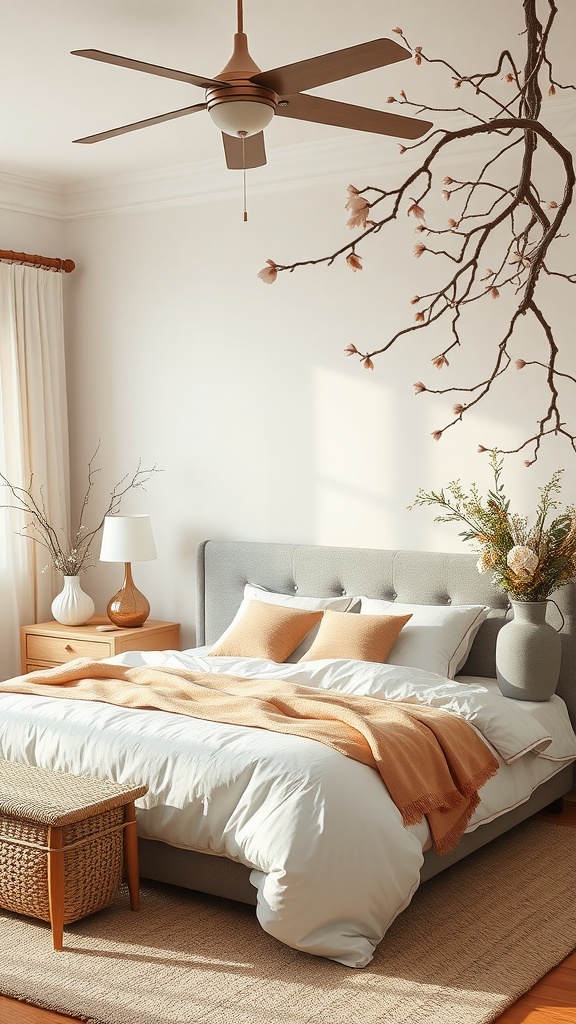 A serene bedroom featuring a gray bed with soft pillows, a cozy blanket, and floral decor on branches.