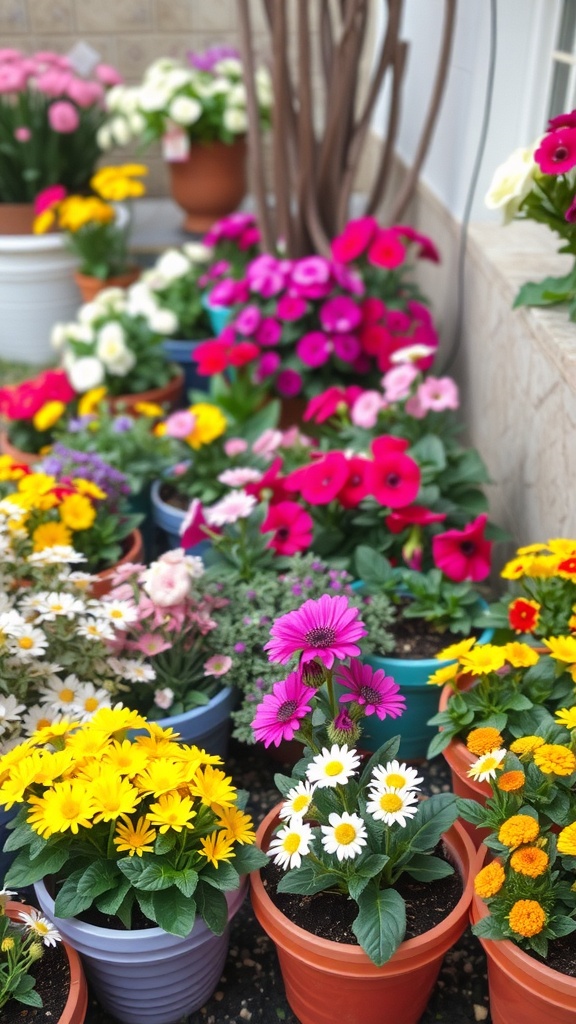 Brightly colored flower arrangements in pots for a small courtyard garden