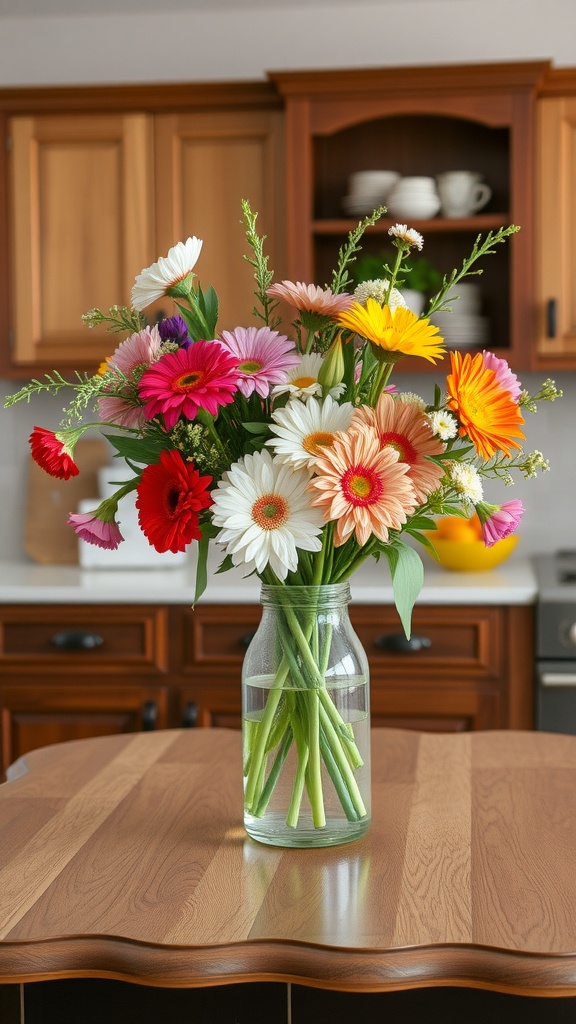 A colorful seasonal flower bouquet in a glass vase on a kitchen table.