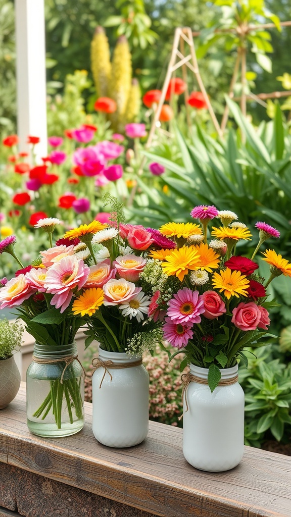 Bright seasonal flower bouquets in mason jars on a wooden table, surrounded by a colorful garden.