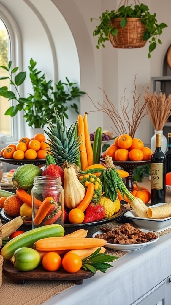 A colorful display of fruits and vegetables for a buffet.
