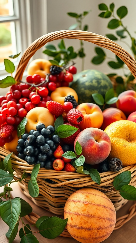A large wicker basket filled with various fruits like peaches, grapes, and berries, arranged beautifully for a summer baby shower.