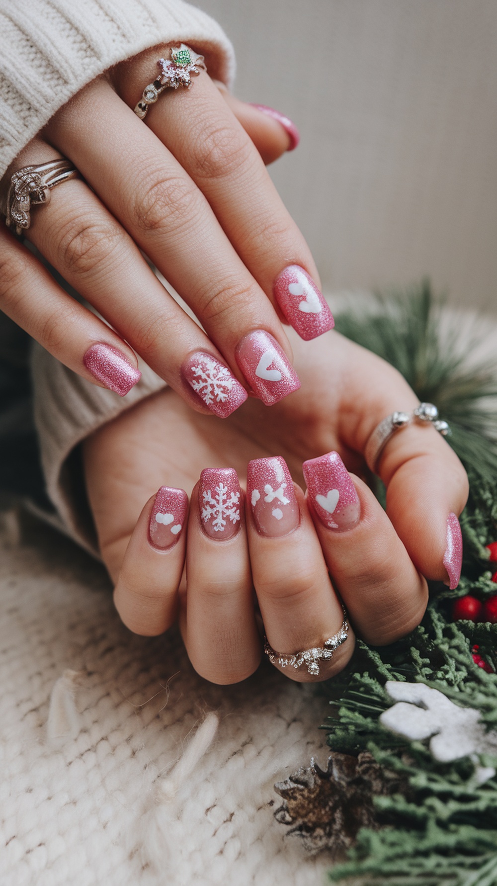 A close-up of hands with pink glitter nails featuring white heart and snowflake designs, accessorized with rings.