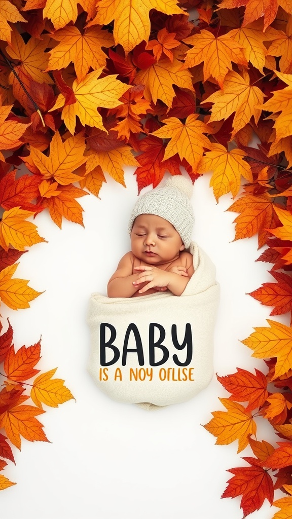A sleeping baby wrapped in a blanket surrounded by colorful autumn leaves with the text 'BABY IS A NOY ORLISSE'