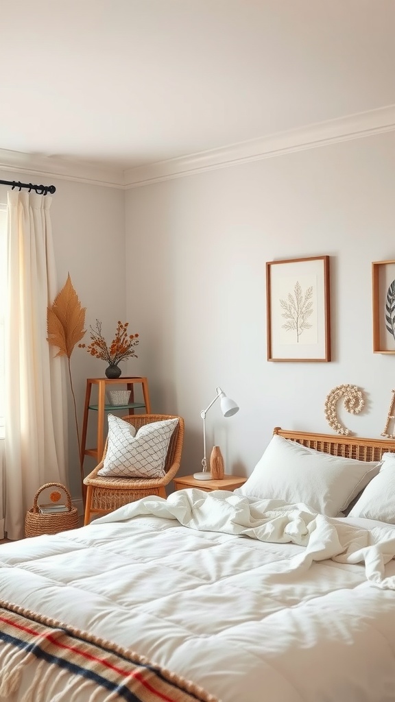 A cozy greige bedroom with a bed, decorative pillows, and seasonal decor.