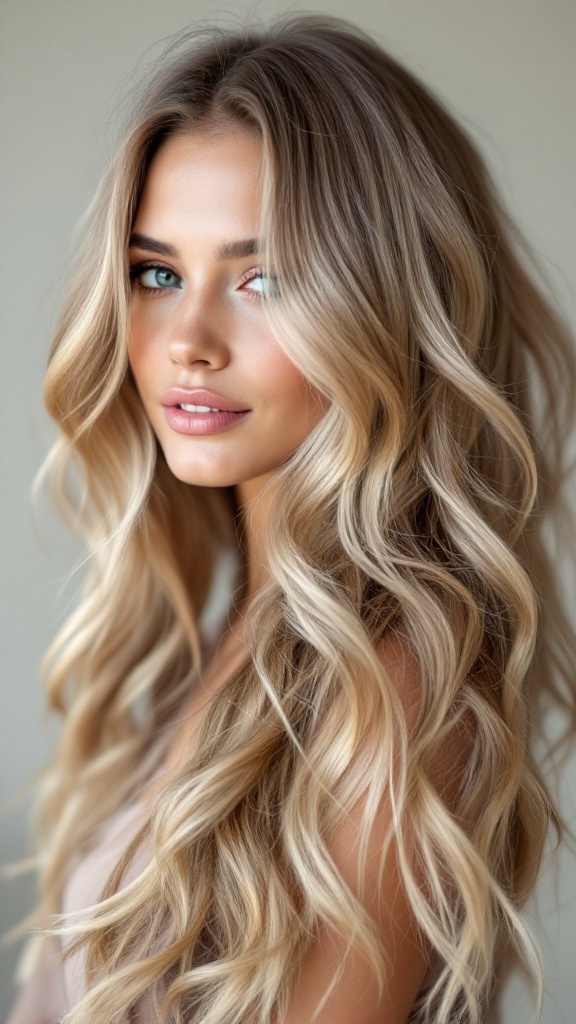 A woman with light brown hair featuring blonde highlights, showcasing soft waves and a natural look.