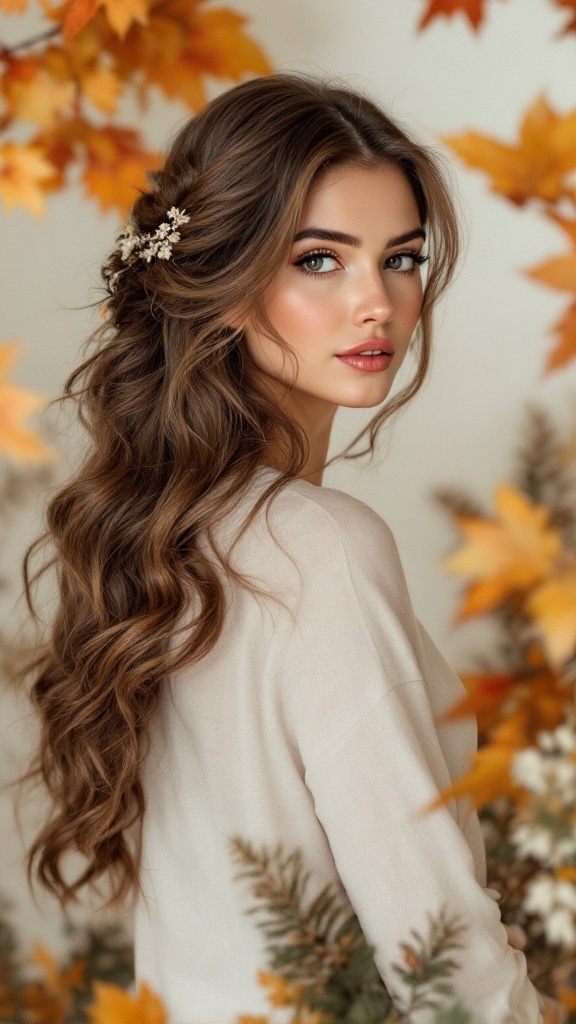 A woman with half up half down wavy hair adorned with a floral clip, surrounded by autumn leaves.