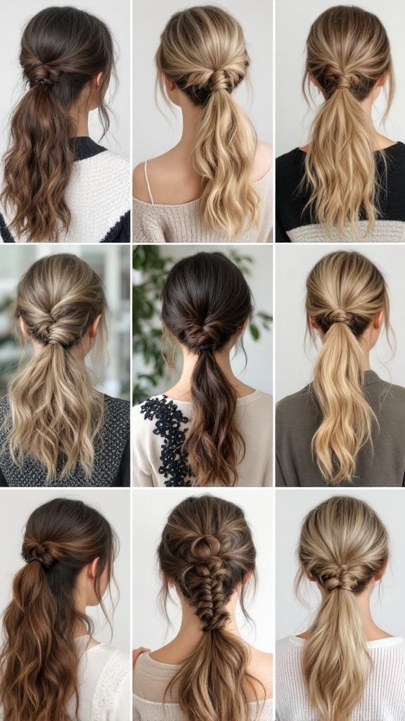 A collage of various half up half down ponytail hairstyles showcasing different textures and styles.