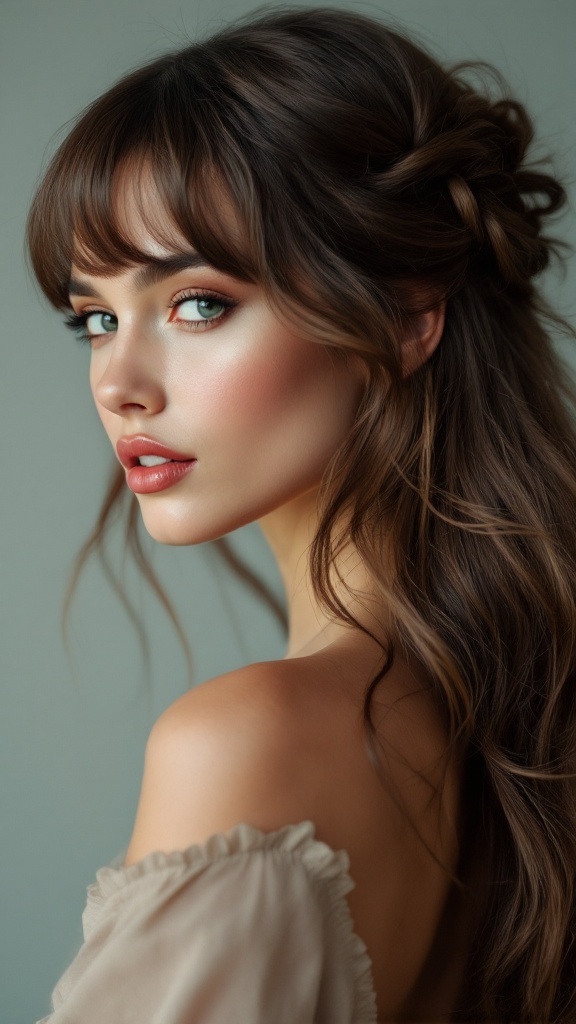 A woman with half up half down hairstyle with bangs, featuring soft waves and a romantic look.