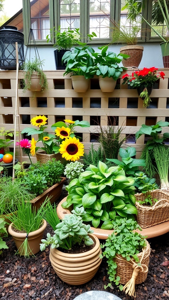 A colorful potted herb garden featuring a variety of plants and flowers.