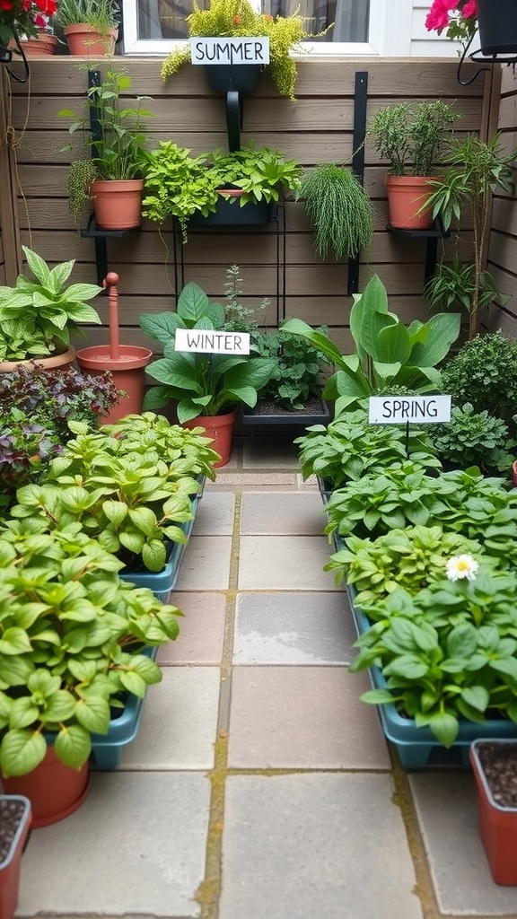 A vibrant patio herb garden displaying labeled sections for summer, winter, and spring herbs.