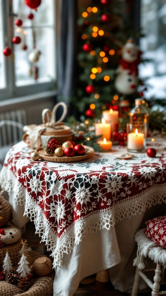 A beautifully decorated table with a crochet tablecloth, candles, and Christmas decorations.