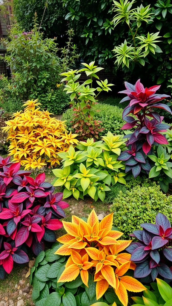 A vibrant display of various foliage plants in a garden, showcasing colorful leaves in shades of red, yellow, and green.
