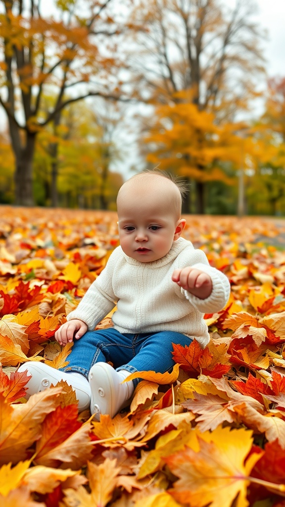 A baby sitting on colorful autumn leaves, wearing a cozy sweater and jeans.